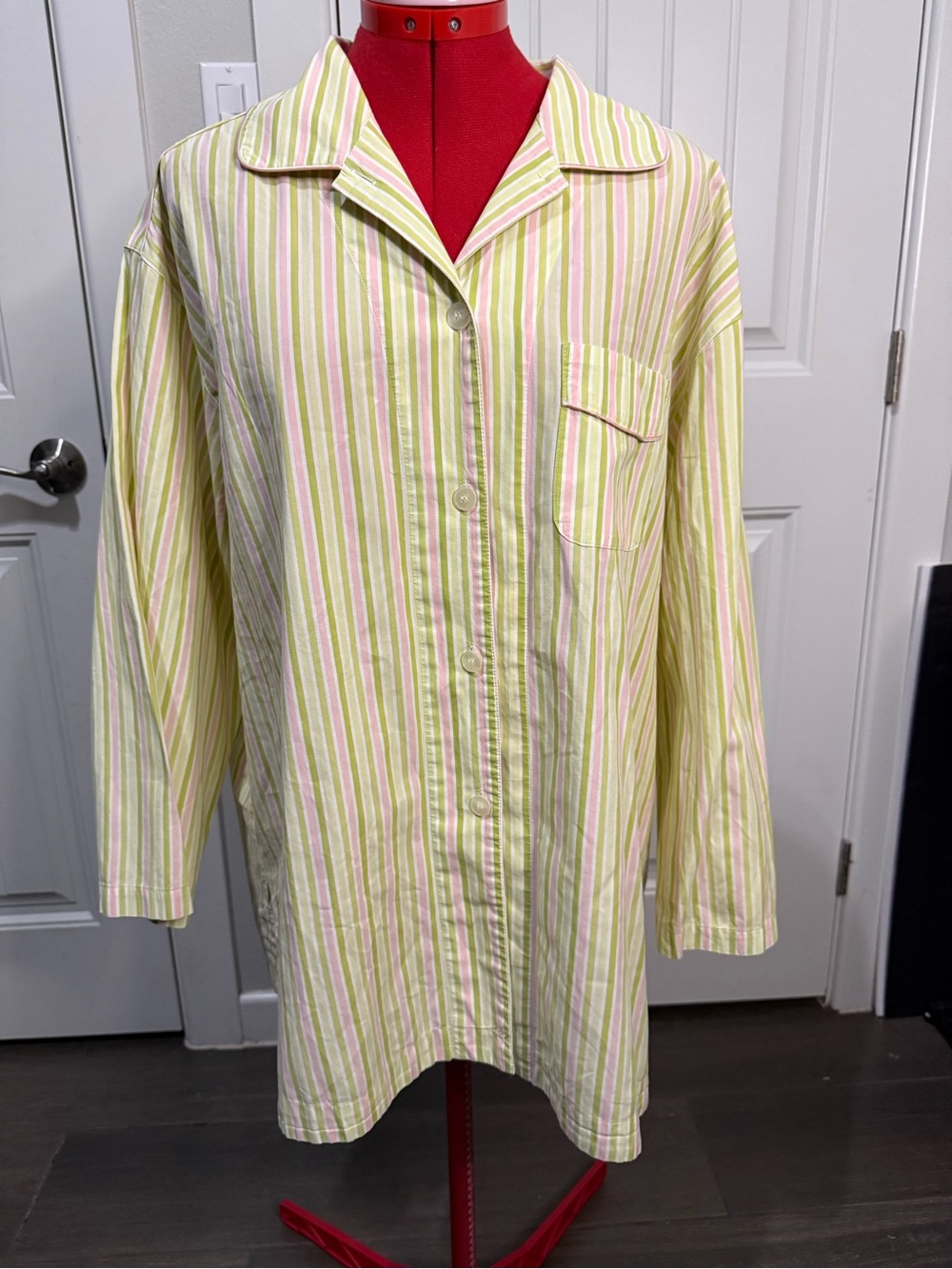 Sleep Sense Striped Yellow & Pink Women’s Button-Up Pajama Shirt / Dress Sz L